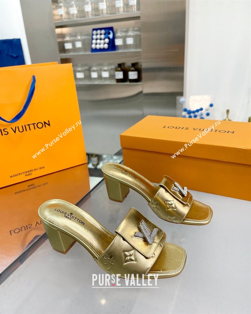 Louis Vuitton Monogram Leather Heel Slide Sandals with Foldover Crystals LV Gold 2023 (MD-231013010)