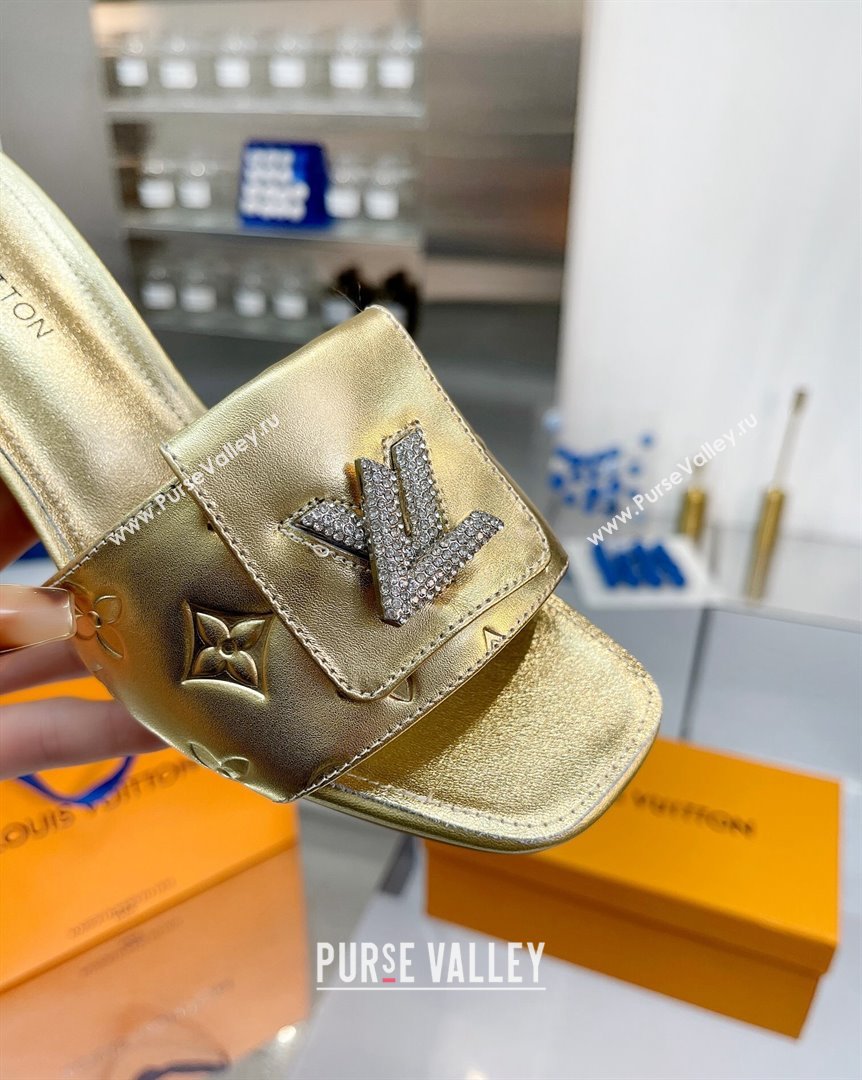 Louis Vuitton Monogram Leather Heel Slide Sandals with Foldover Crystals LV Gold 2023 (MD-231013010)