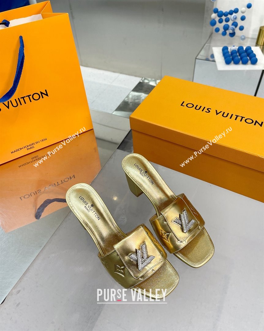 Louis Vuitton Monogram Leather Heel Slide Sandals with Foldover Crystals LV Gold 2023 (MD-231013010)