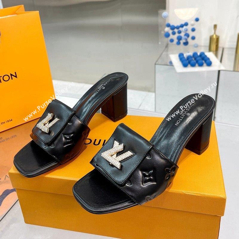 Louis Vuitton Monogram Leather Heel Slide Sandals with Foldover Crystals LV Black 2023 (MD-231013012)