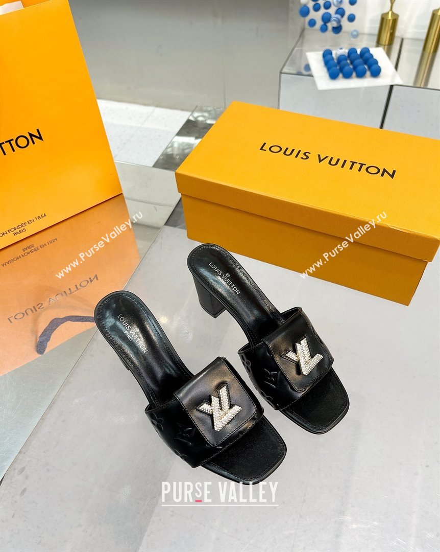 Louis Vuitton Monogram Leather Heel Slide Sandals with Foldover Crystals LV Black 2023 (MD-231013012)