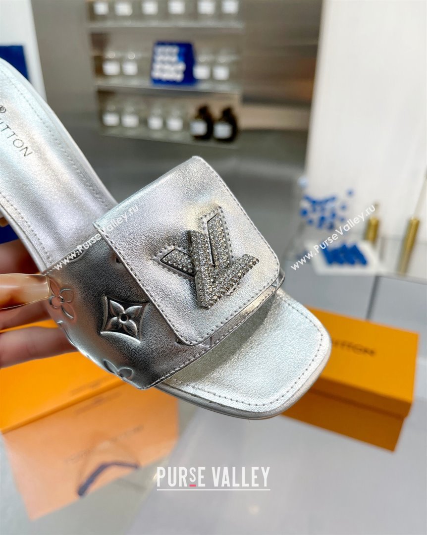 Louis Vuitton Monogram Leather Heel Slide Sandals with Foldover Crystals LV Silver 2023 (MD-231013018)