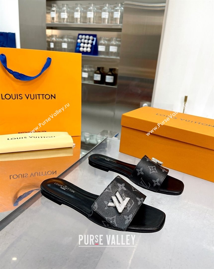 Louis Vuitton Shake Monogram Canvas Flat Slide Sandals with Crystal LV Twist Black 2023 (MD-231013019)