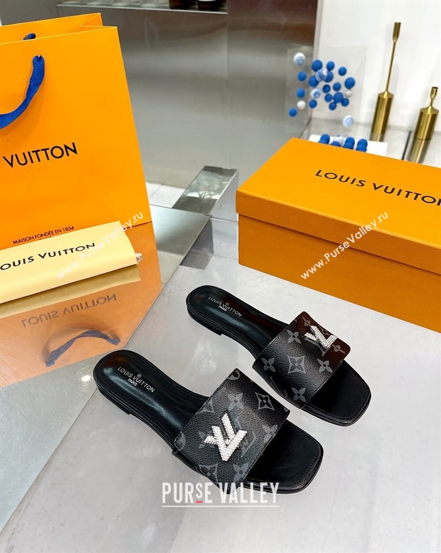 Louis Vuitton Shake Monogram Canvas Flat Slide Sandals with Crystal LV Twist Black 2023 (MD-231013019)