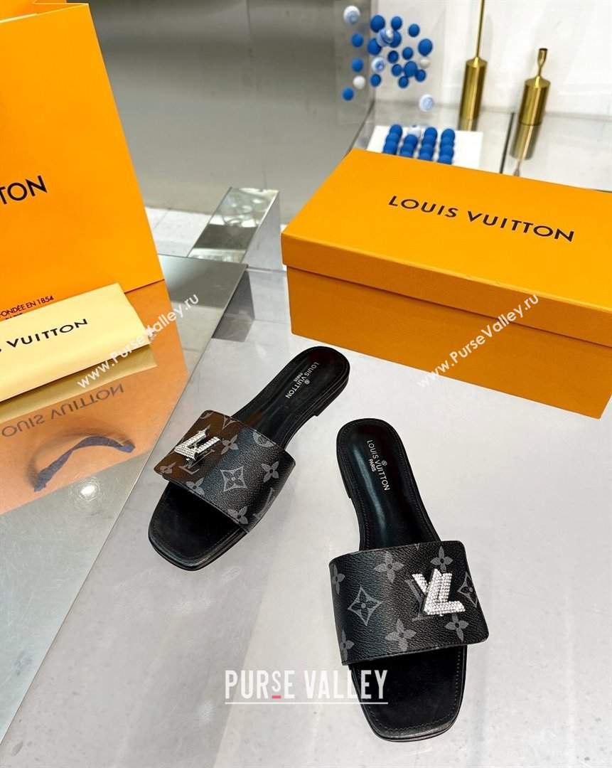 Louis Vuitton Shake Monogram Canvas Flat Slide Sandals with Crystal LV Twist Black 2023 (MD-231013019)