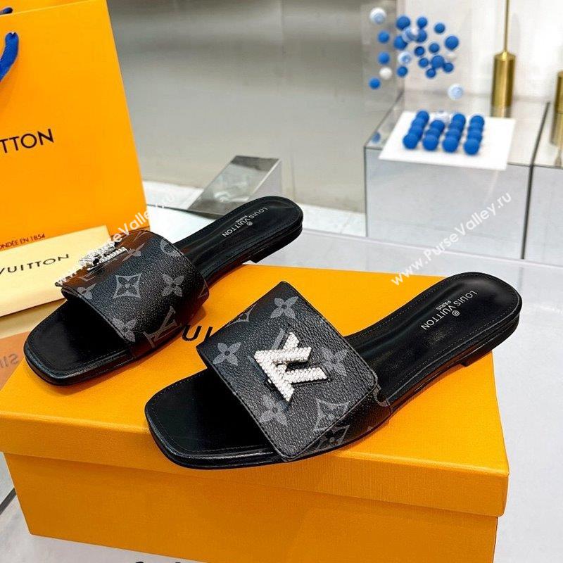 Louis Vuitton Shake Monogram Canvas Flat Slide Sandals with Crystal LV Twist Black 2023 (MD-231013019)