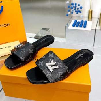 Louis Vuitton Shake Monogram Canvas Flat Slide Sandals with Crystal LV Twist Black 2023 (MD-231013019)