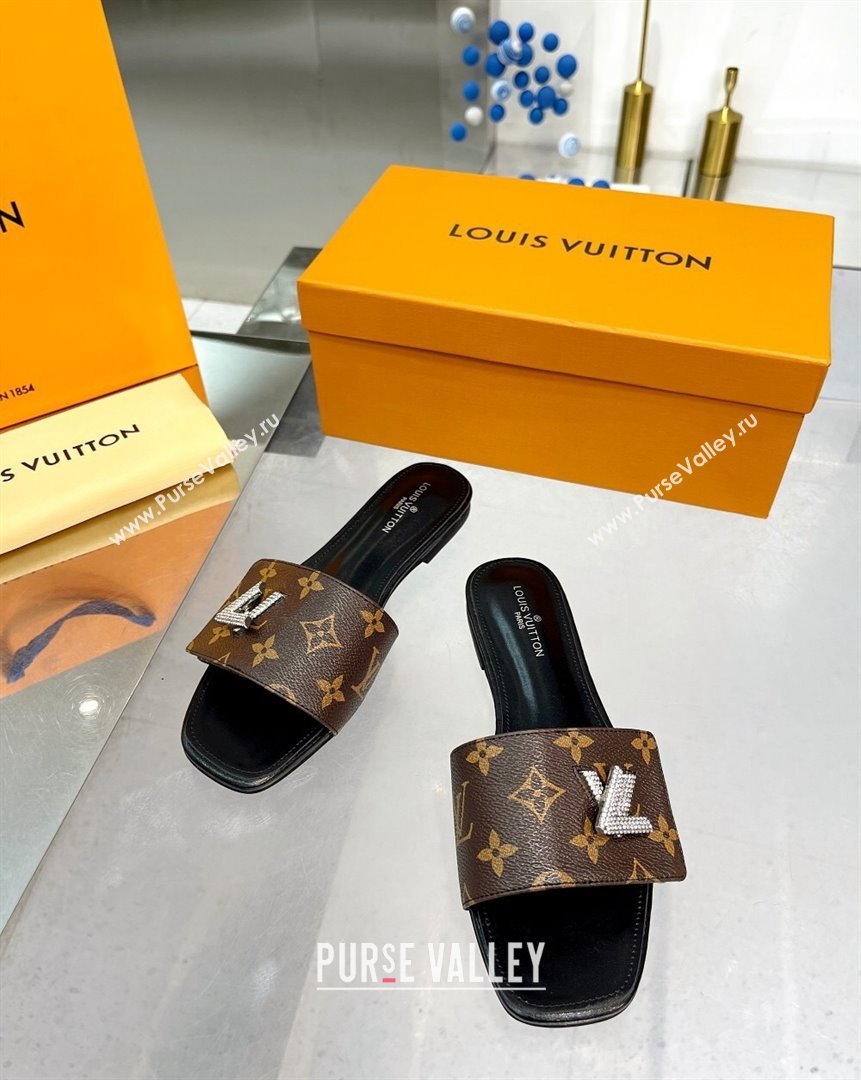 Louis Vuitton Shake Monogram Canvas Flat Slide Sandals with Crystal LV Twist 2 2023 (MD-231013020)