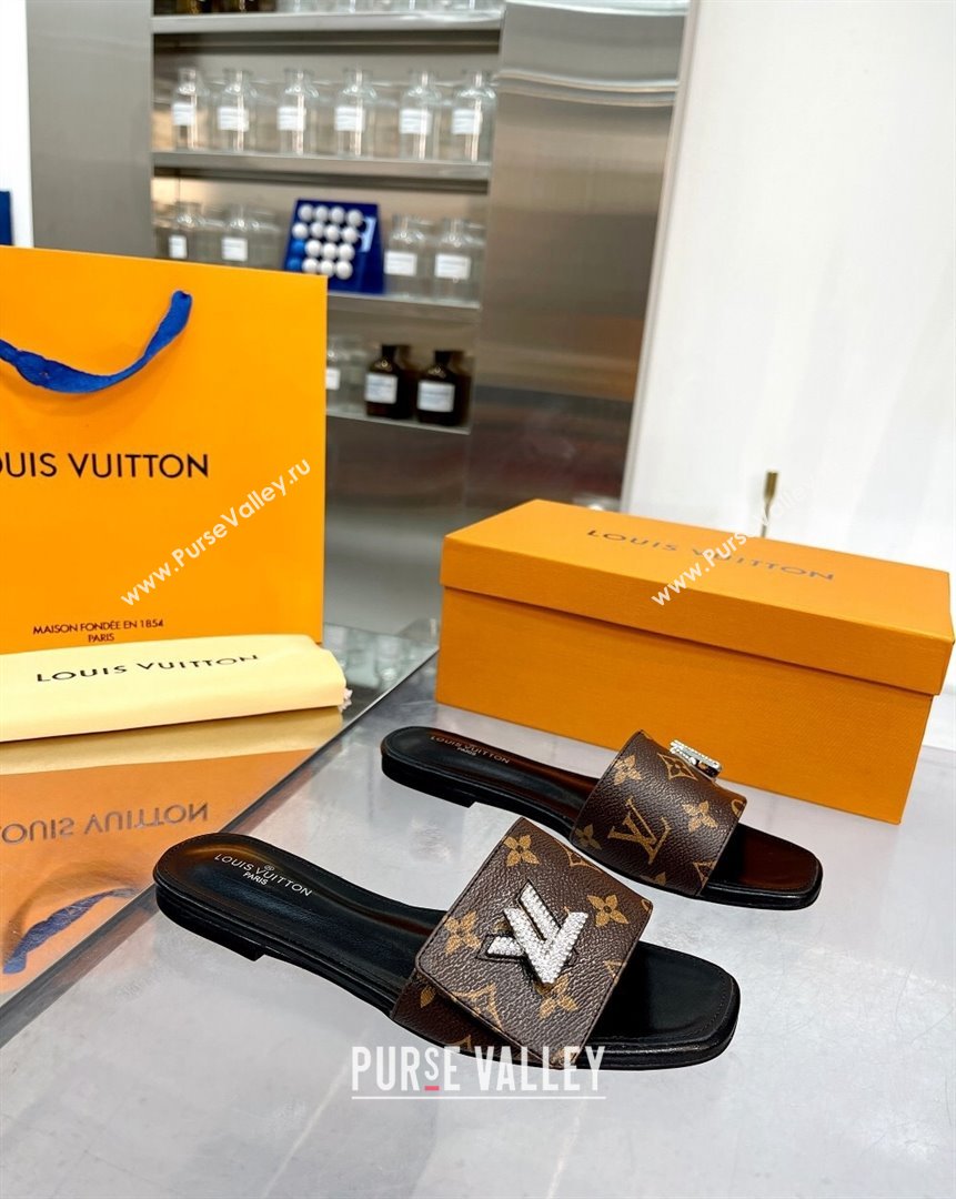 Louis Vuitton Shake Monogram Canvas Flat Slide Sandals with Crystal LV Twist 2 2023 (MD-231013020)