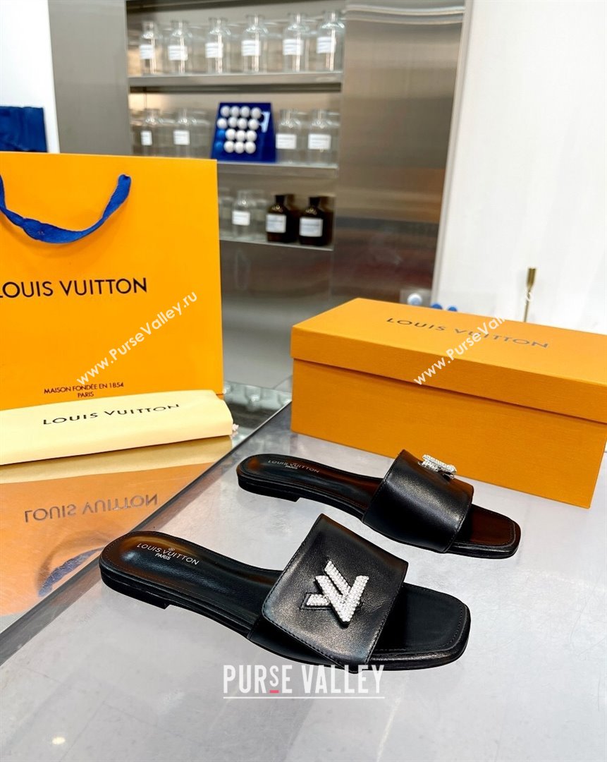 Louis Vuitton Shake Leather Flat Slide Sandals with Crystal LV Twist Black 2023 (MD-231013021)