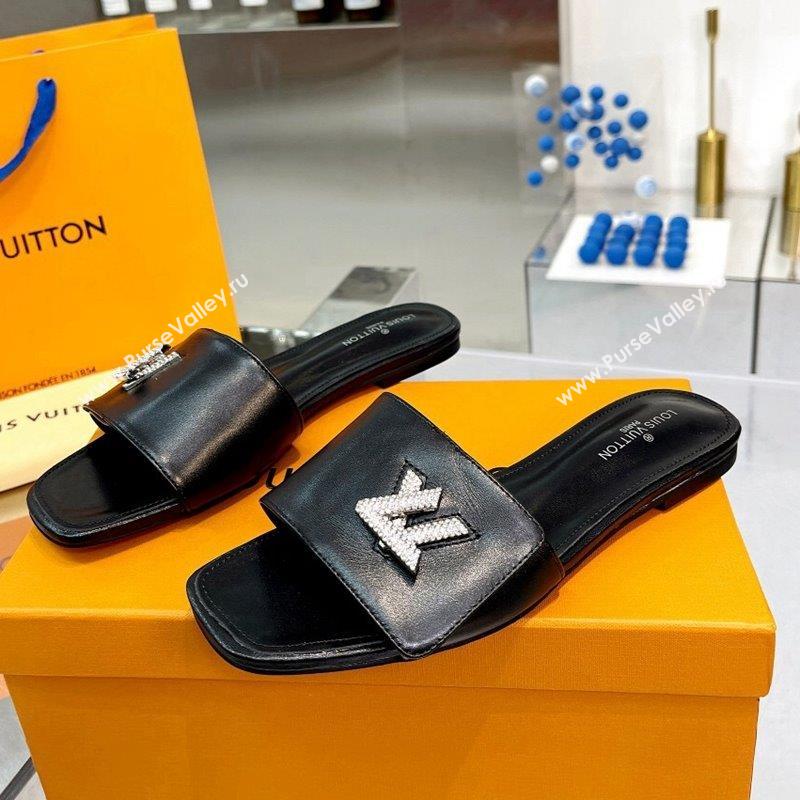 Louis Vuitton Shake Leather Flat Slide Sandals with Crystal LV Twist Black 2023 (MD-231013021)