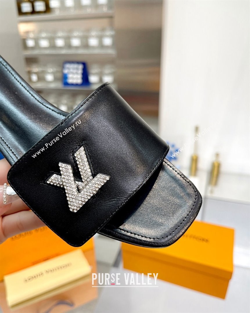 Louis Vuitton Shake Leather Flat Slide Sandals with Crystal LV Twist Black 2023 (MD-231013021)