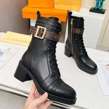 Louis Vuitton Leather Ankle Boots 5cm with Buckle Strap and Studs Black 2023 LV101202 (MD-231012109)