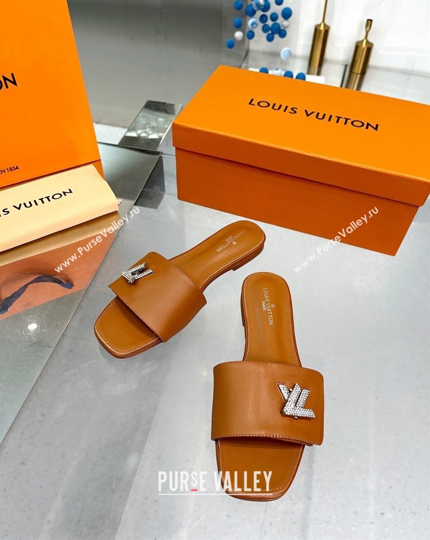 Louis Vuitton Shake Leather Flat Slide Sandals with Crystal LV Twist Brown 2023 (MD-231013023)