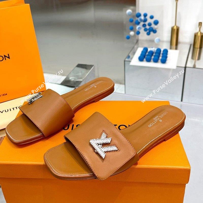 Louis Vuitton Shake Leather Flat Slide Sandals with Crystal LV Twist Brown 2023 (MD-231013023)