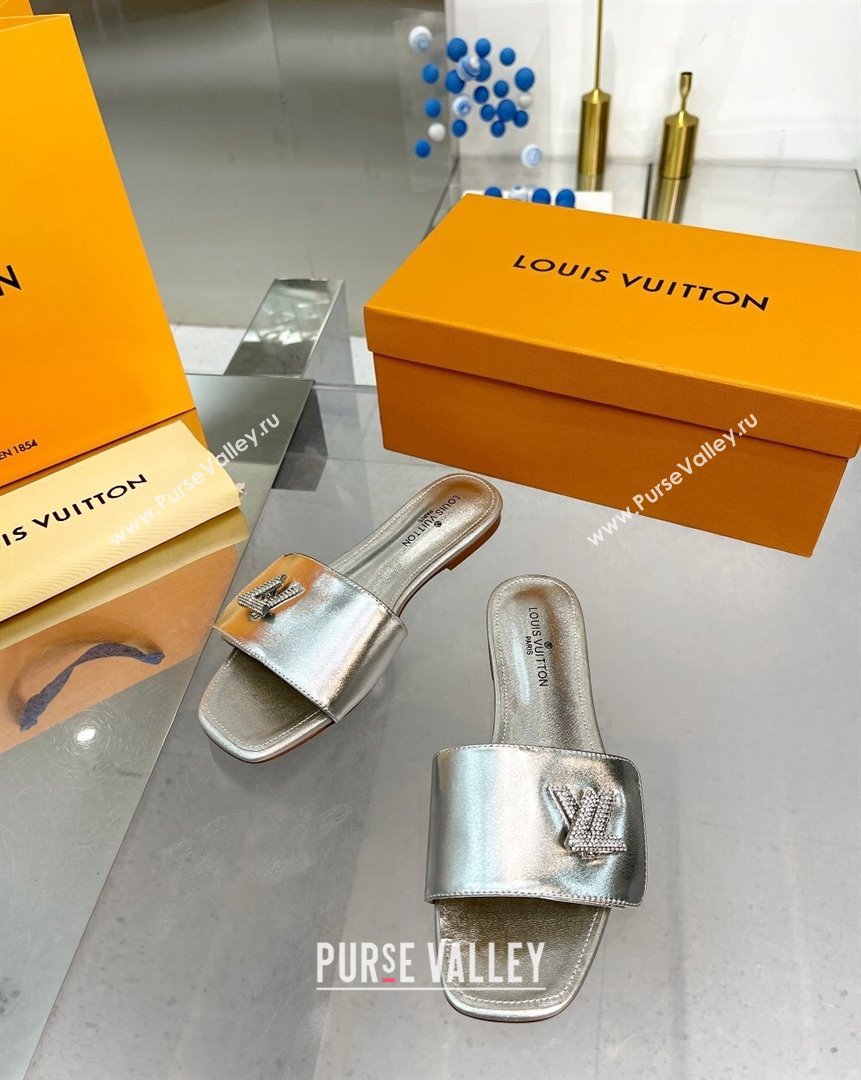 Louis Vuitton Shake Leather Flat Slide Sandals with Crystal LV Twist Silver 2023 (MD-231013024)