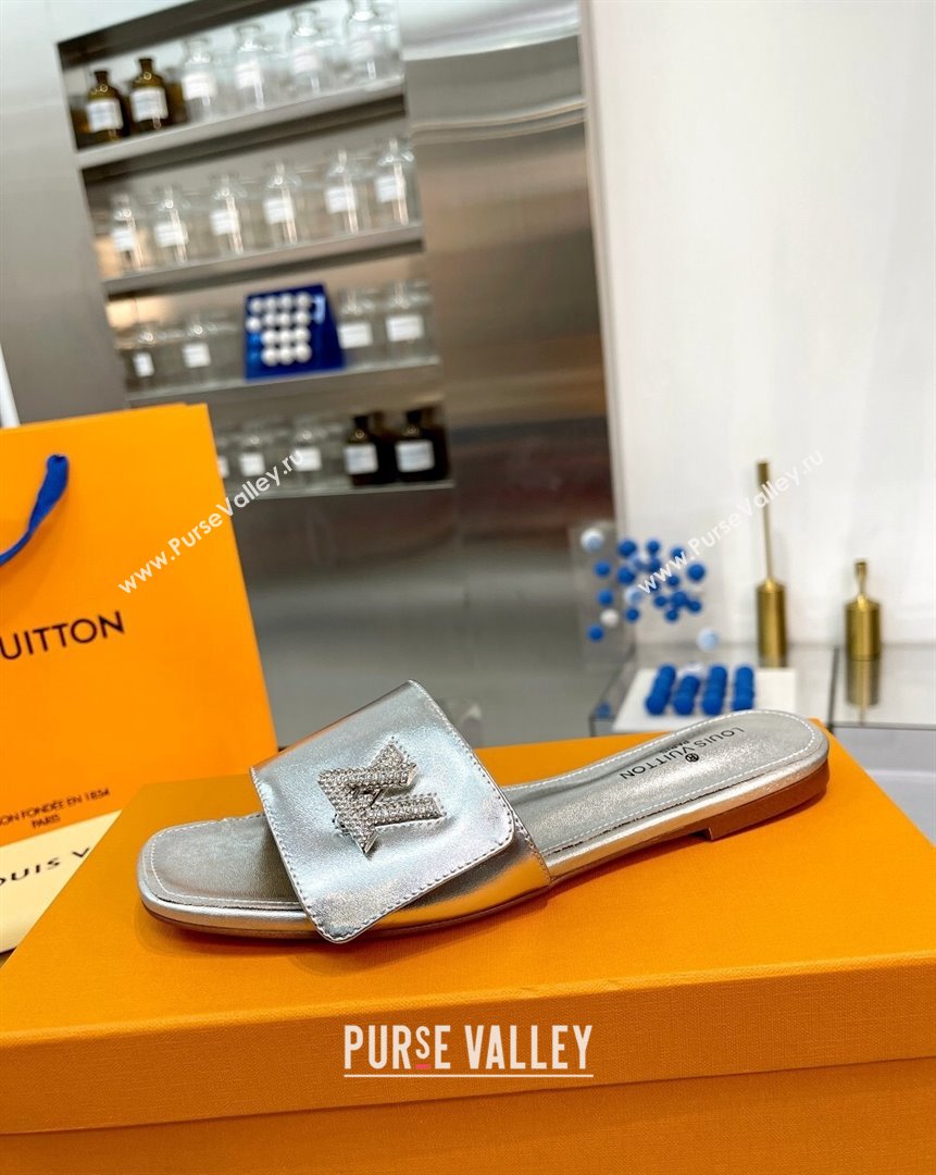 Louis Vuitton Shake Leather Flat Slide Sandals with Crystal LV Twist Silver 2023 (MD-231013024)