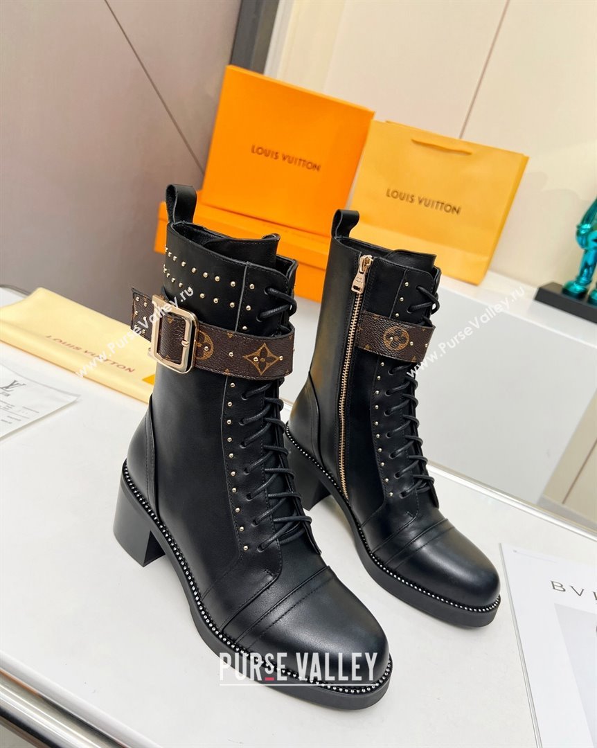 Louis Vuitton Leather Ankle Boots 5cm with Buckle Strap and Studs Black 2023 LV101202 (MD-231012109)