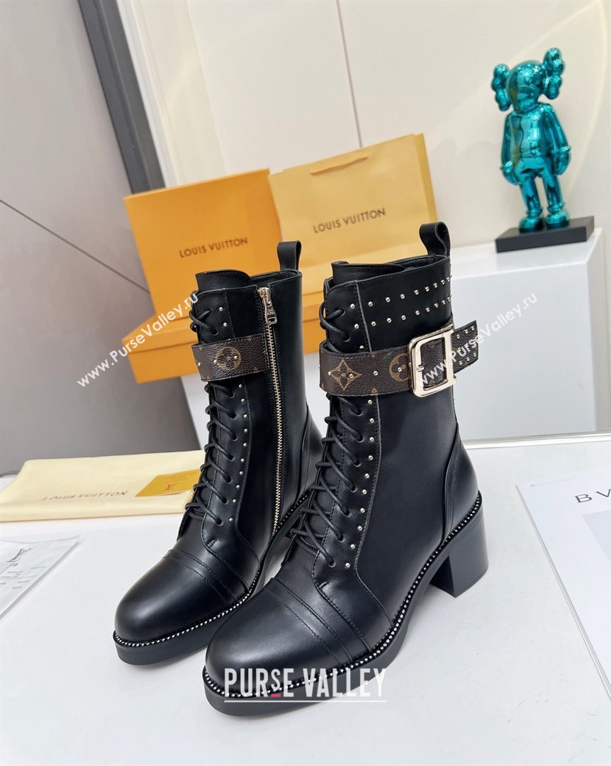 Louis Vuitton Leather Ankle Boots 5cm with Buckle Strap and Studs Black 2023 LV101202 (MD-231012109)