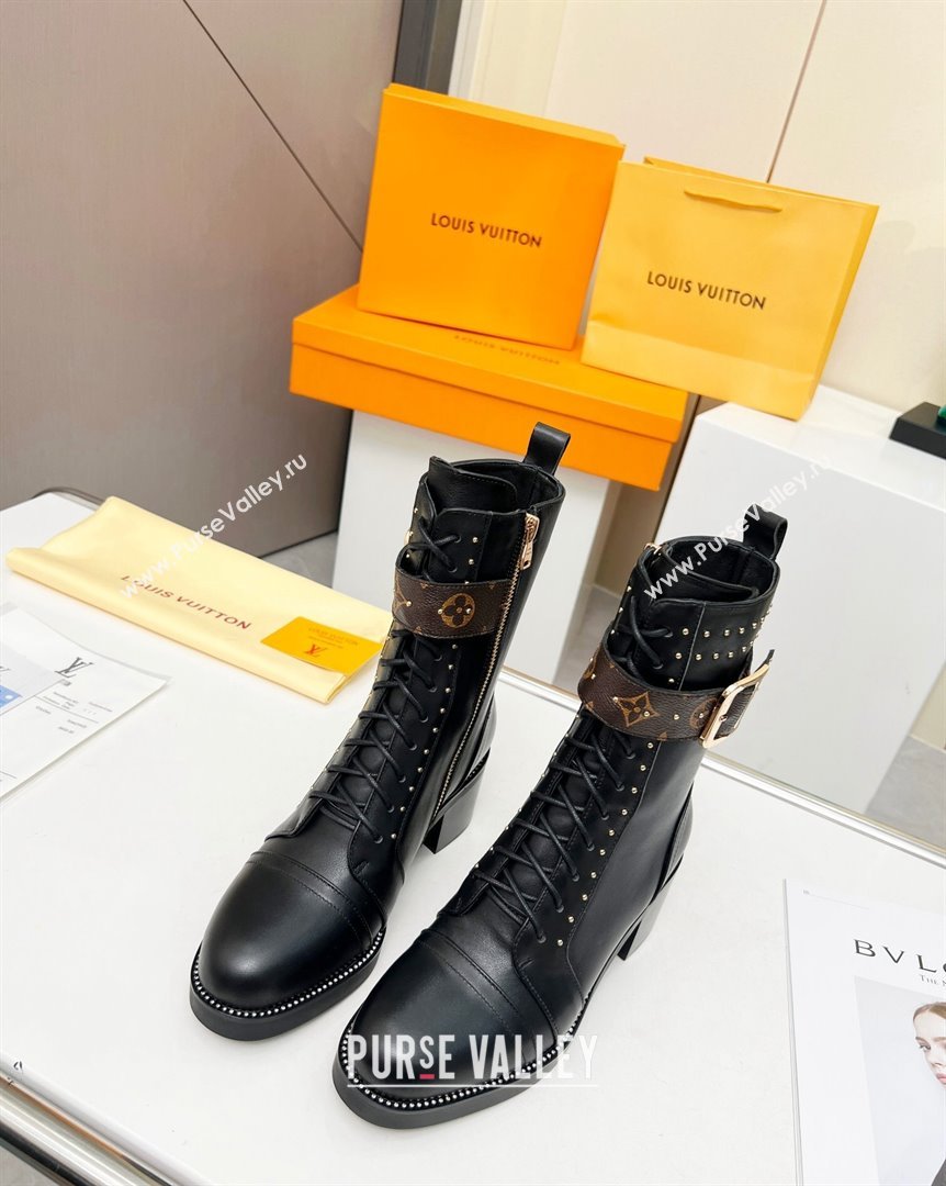 Louis Vuitton Leather Ankle Boots 5cm with Buckle Strap and Studs Black 2023 LV101202 (MD-231012109)