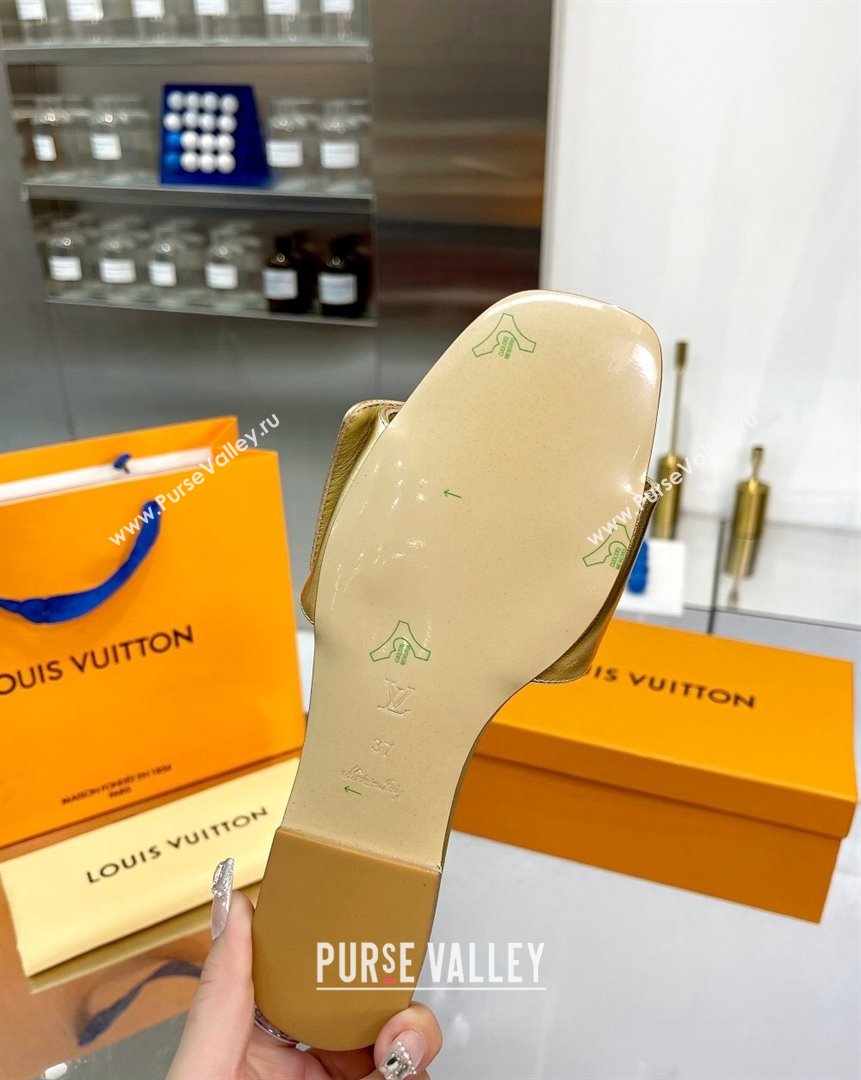 Louis Vuitton Shake Leather Flat Slide Sandals with Crystal LV Twist Gold 2023 (MD-231013028)