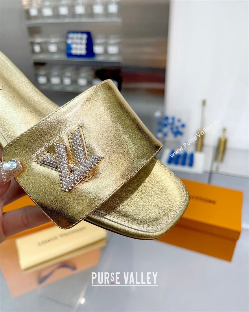 Louis Vuitton Shake Leather Flat Slide Sandals with Crystal LV Twist Gold 2023 (MD-231013028)