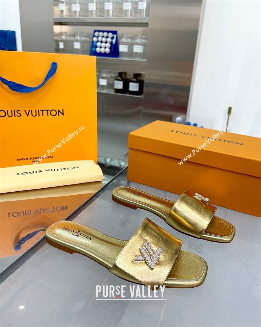 Louis Vuitton Shake Leather Flat Slide Sandals with Crystal LV Twist Gold 2023 (MD-231013028)