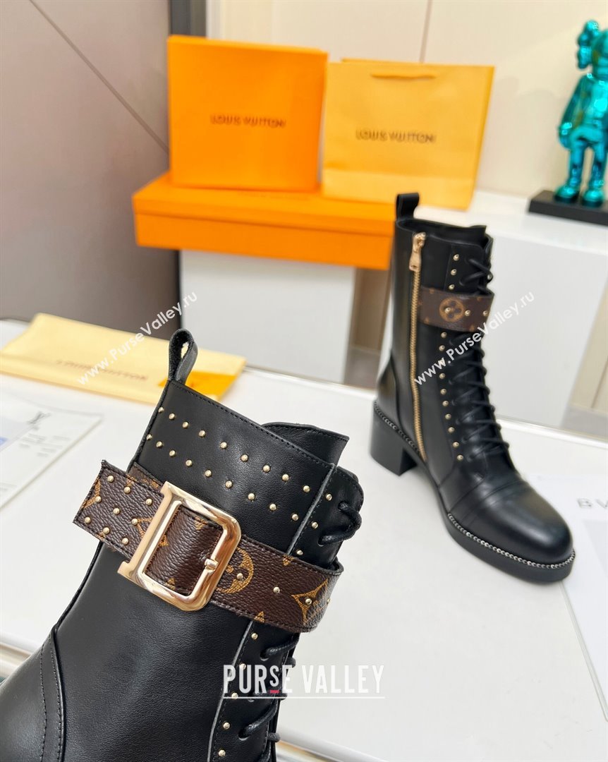 Louis Vuitton Leather Ankle Boots 5cm with Buckle Strap and Studs Black 2023 LV101202 (MD-231012109)