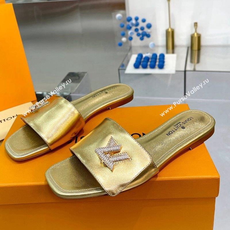 Louis Vuitton Shake Leather Flat Slide Sandals with Crystal LV Twist Gold 2023 (MD-231013028)