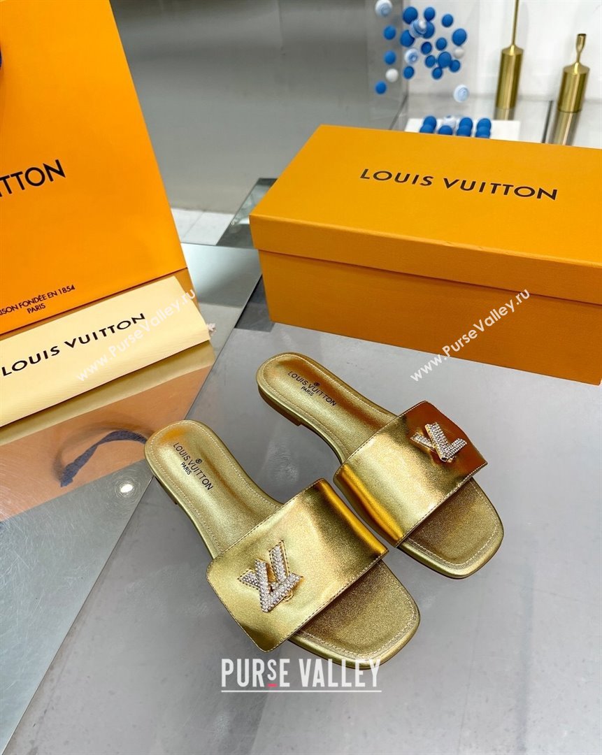 Louis Vuitton Shake Leather Flat Slide Sandals with Crystal LV Twist Gold 2023 (MD-231013028)