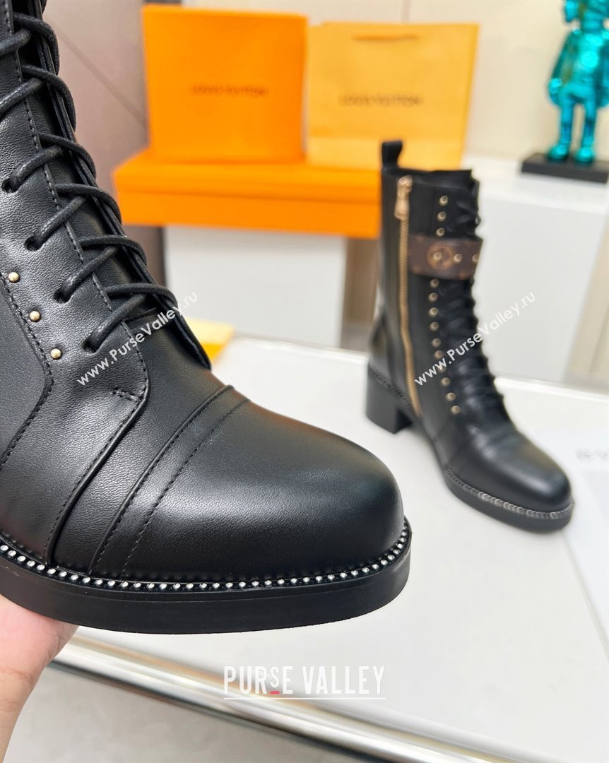 Louis Vuitton Leather Ankle Boots 5cm with Buckle Strap and Studs Black 2023 LV101202 (MD-231012109)