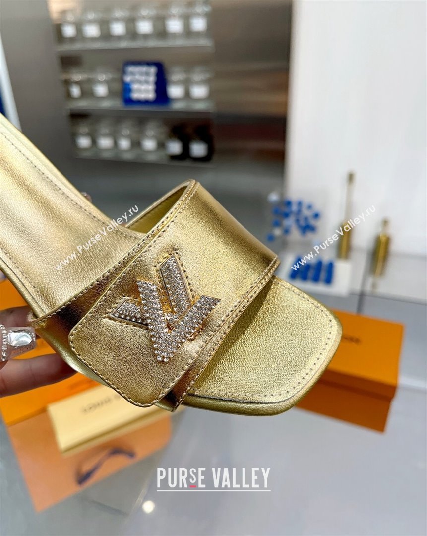 Louis Vuitton Shake Leather Heel Slide Sandals 5.5cm with Crystal LV Twist Gold 2023 (MD-231013030)