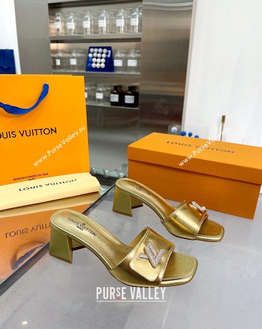 Louis Vuitton Shake Leather Heel Slide Sandals 5.5cm with Crystal LV Twist Gold 2023 (MD-231013030)