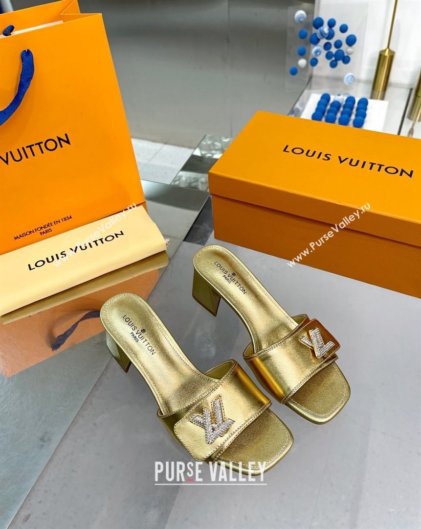 Louis Vuitton Shake Leather Heel Slide Sandals 5.5cm with Crystal LV Twist Gold 2023 (MD-231013030)