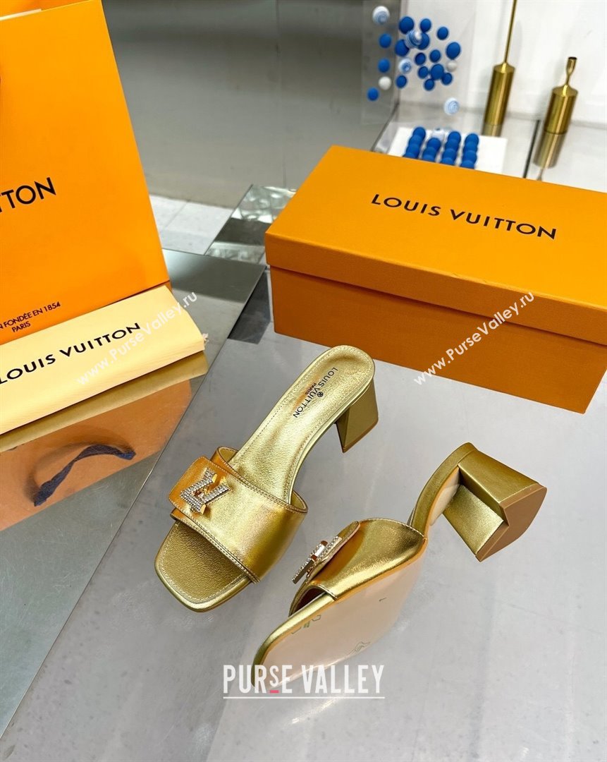 Louis Vuitton Shake Leather Heel Slide Sandals 5.5cm with Crystal LV Twist Gold 2023 (MD-231013030)