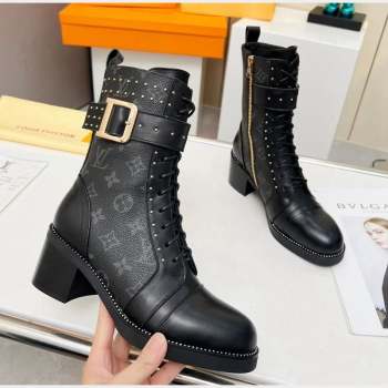 Louis Vuitton Monogram Canvas Ankle Boots 5cm with Buckle Strap and Studs Black 2023 LV101202 (MD-231012110)