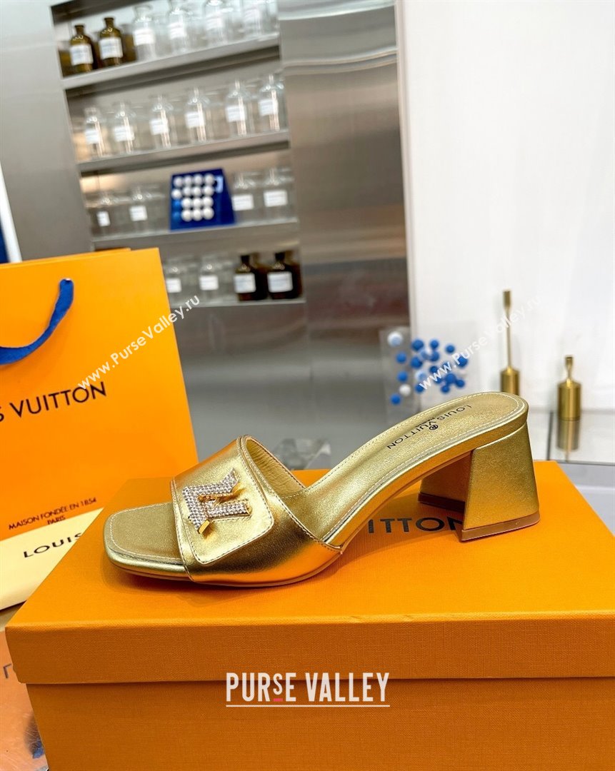 Louis Vuitton Shake Leather Heel Slide Sandals 5.5cm with Crystal LV Twist Gold 2023 (MD-231013030)