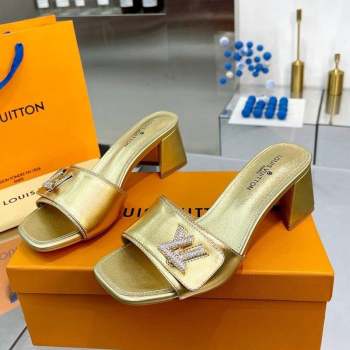 Louis Vuitton Shake Leather Heel Slide Sandals 5.5cm with Crystal LV Twist Gold 2023 (MD-231013030)