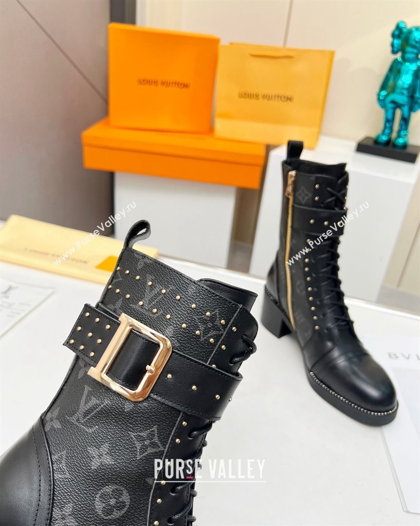 Louis Vuitton Monogram Canvas Ankle Boots 5cm with Buckle Strap and Studs Black 2023 LV101202 (MD-231012110)