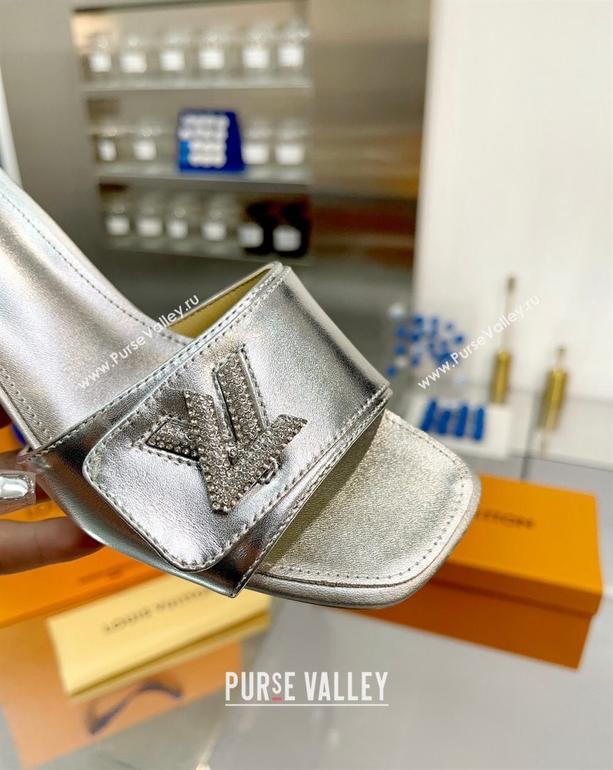 Louis Vuitton Shake Leather Heel Slide Sandals 5.5cm with Crystal LV Twist Silver 2023 (MD-231013032)