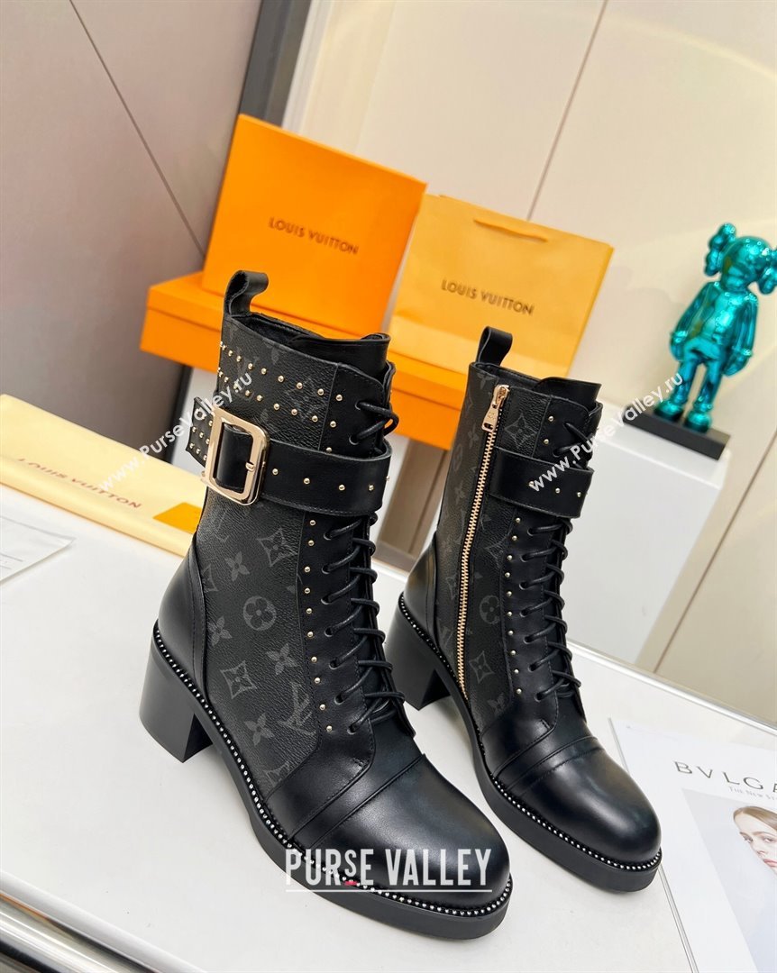 Louis Vuitton Monogram Canvas Ankle Boots 5cm with Buckle Strap and Studs Black 2023 LV101202 (MD-231012110)