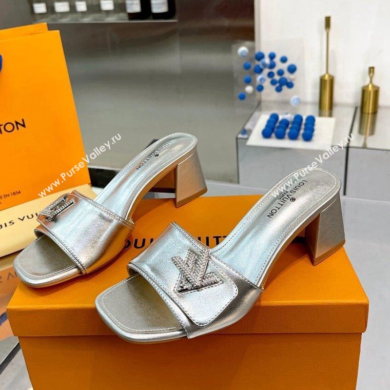 Louis Vuitton Shake Leather Heel Slide Sandals 5.5cm with Crystal LV Twist Silver 2023 (MD-231013032)