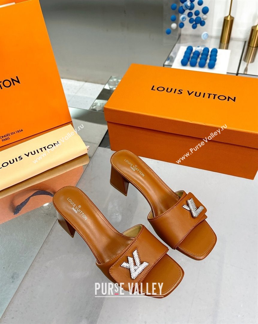 Louis Vuitton Shake Leather Heel Slide Sandals 5.5cm with Crystal LV Twist Brown 2023 (MD-231013033)