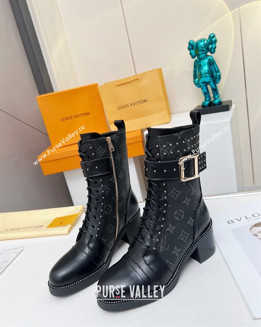 Louis Vuitton Monogram Canvas Ankle Boots 5cm with Buckle Strap and Studs Black 2023 LV101202 (MD-231012110)