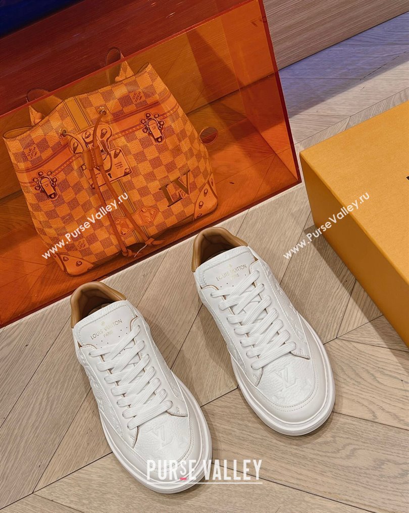 Louis Vuitton Mens Beverly Hills Sneakers in Monogram Grained Leather White 2023 (MD-231025132)