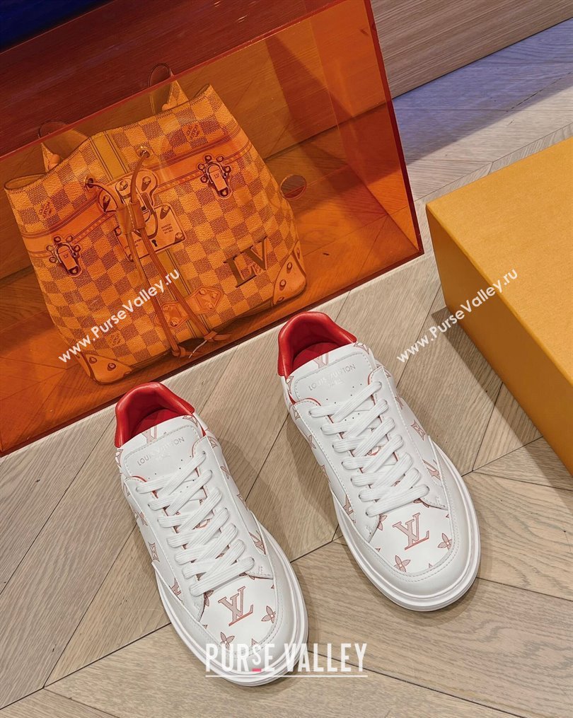 Louis Vuitton Mens Beverly Hills Sneakers in Monogram Printed Leather Red 2023 (MD-231025134)