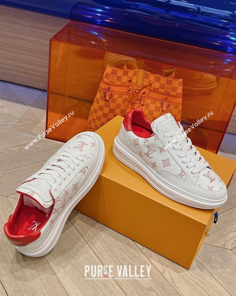 Louis Vuitton Mens Beverly Hills Sneakers in Monogram Printed Leather Red 2023 (MD-231025134)