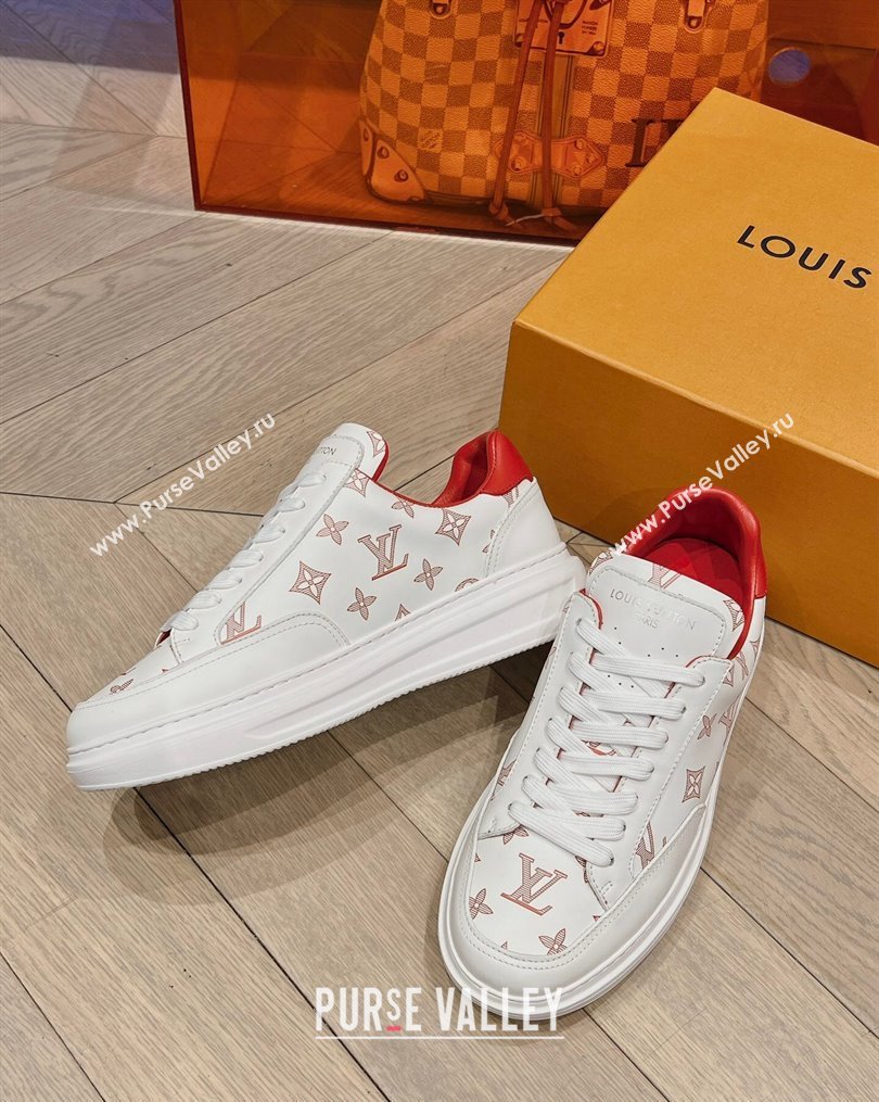 Louis Vuitton Mens Beverly Hills Sneakers in Monogram Printed Leather Red 2023 (MD-231025134)