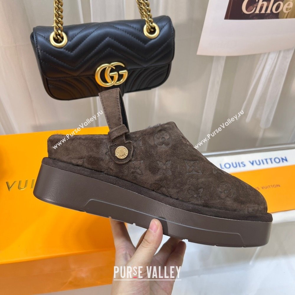 Louis Vuitton Aspen Platform Clog Mules in Monogram Suede and Shearling Taupe Grey 2023 1ACHW3 (KL-231204060)