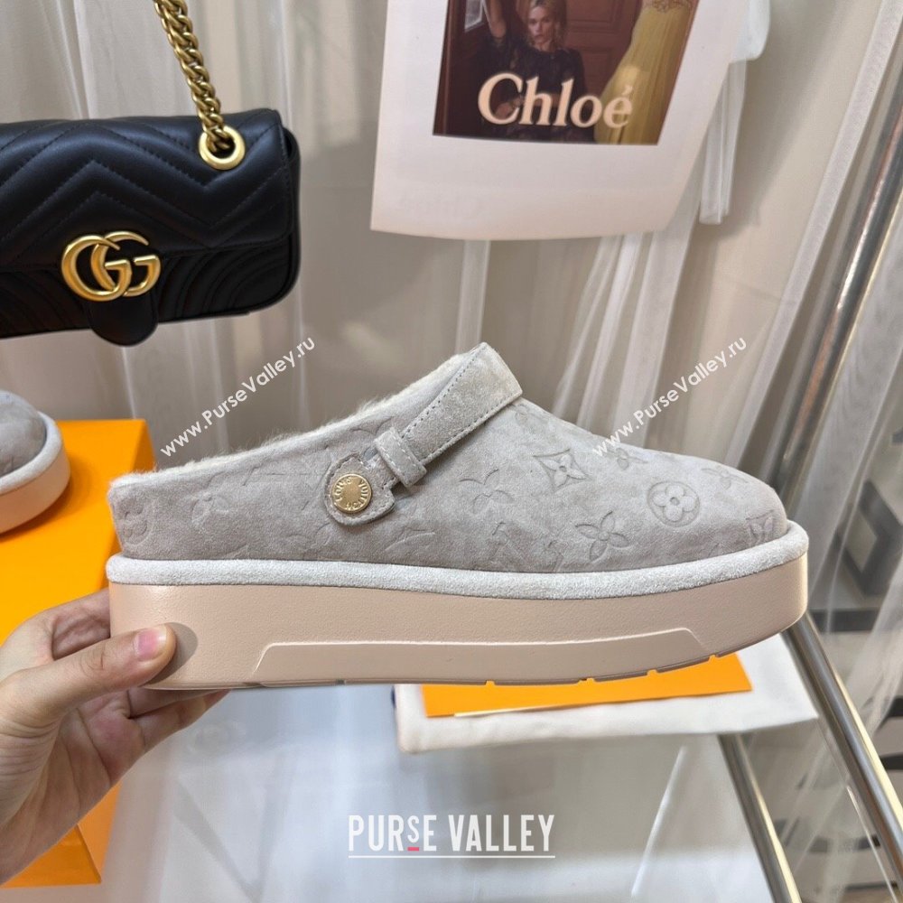 Louis Vuitton Aspen Platform Clog Mules in Monogram Suede and Shearling Light Grey 2023 1ACHW3 (KL-231204061)